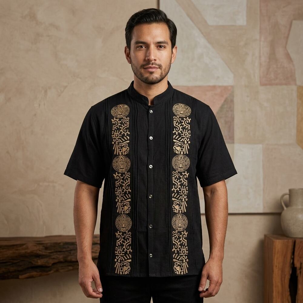 Traditional Mexican Embroidered Short Sleeve Shirt Artisan Cultural Style size M